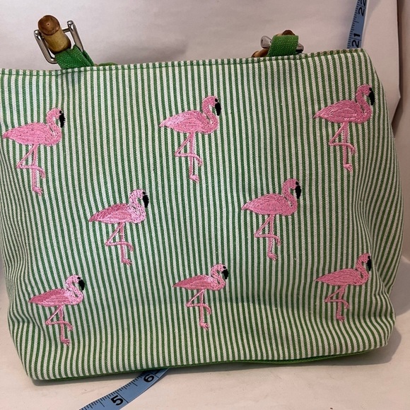 Braciano Green Striped Tote with Pink Flamingos - Picture 3 of 7